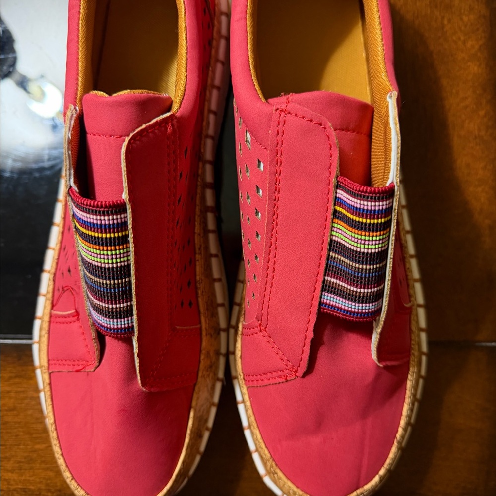 Vibrant Red Slip-On Shoes with Multicolor Elastic Size 9 but feels larger